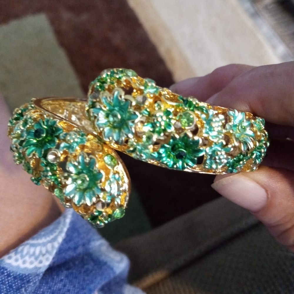 Gold Tones Green Rhinestone Cuff Bracelet